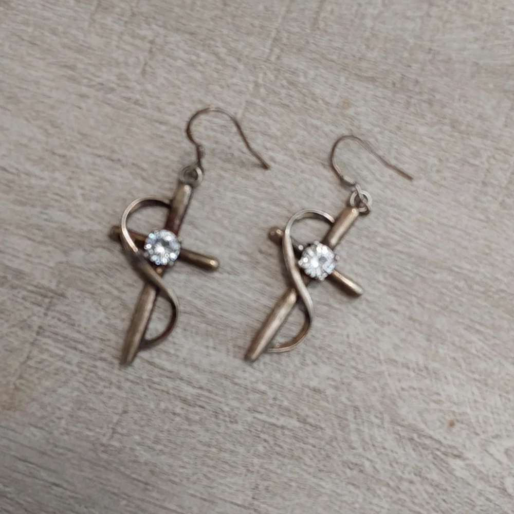 Vintage Christian Sterling Silver Cross Earrings with Clear Stone - Picture 1 of 4